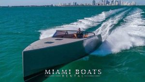 40' VanDutch Yacht in Miami. Beautiful yacht for charter driving on the water. on the background visible Miami Downtown