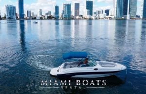 The 26' Sea Ray boat in Miami Downtown. View from the side to 26' Sea Ray in Miami Bay facing Edgewater area.