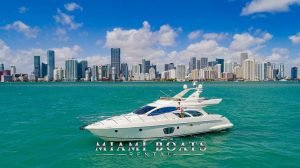 55' Azimut Yacht in Miami. Downtown Miami on the background.