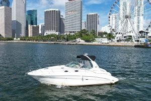 Private Yacht Charter in Miami on Sea Ray Sundancer. The boat on the water in Miami with beautiful Downtown Miami view.