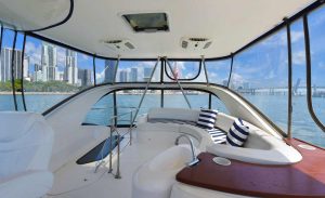 The flybridge of Meridian Yacht Iris 45 ft. Bright flybridge area. Available for Yacht rental in Miami