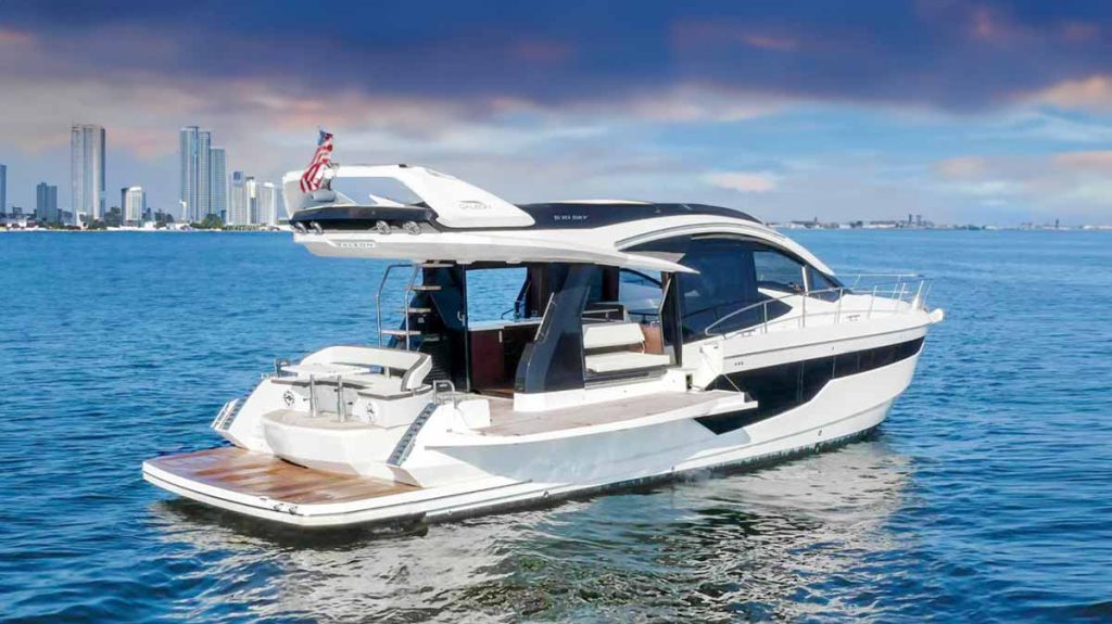 510 Galeon SKY Yacht in Miami. Luxury Yacht Galeon SKY in Miami for Charter. White Boat on the water