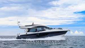 Luxury Yacht Galeon SKY 53ft speeding on the water. Luxury Boat and Yacht Charters Company. Choose from VIP service and other incredible benefits when you charter a yacht with Miami Boats Rental.