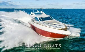 Azimut Yacht Sport 86ft is a luxury yacht in Miami, the perfect design and combination of red and white color of exterior design mirroring the ocean dark blue water white, the yacht speeding on the Atlantic Ocean and spreading the waves around.