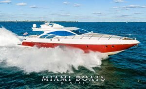 86' Azimut Yacht Sport is a luxury yacht in Miami, the perfect design and combination of red and white color of exterior design mirroring the ocean dark blue water white, the yacht speeding on the Atlantic Ocean and spreading the waves around.