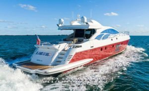 Azimut 86S Yacht Sport is a luxury yacht in Miami, the perfect design and combination of red and white color of exterior design mirroring the ocean dark blue water white, the yacht speeding on the Atlantic Ocean.