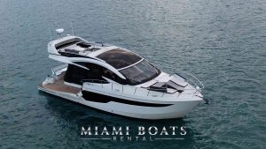 Galeon Luxury Yacht. Open side lounge area and modern design of the yacht. The Luxury Miami Yacht Charter