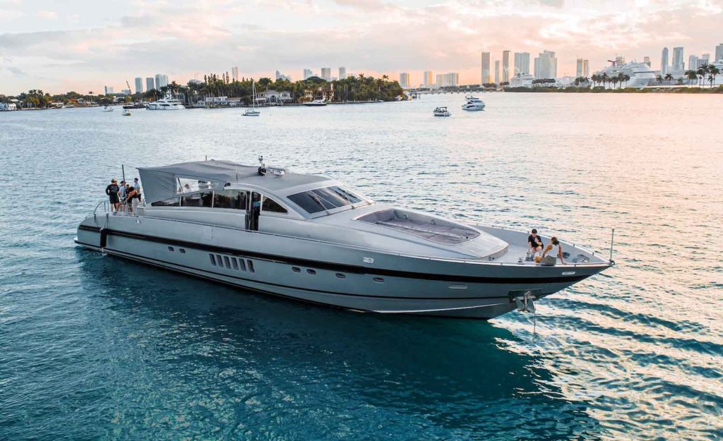 Luxury Yacht in Miami - 92 ft Leopard. Yacht in the water overlooking the city. Yacht for Rental in Miami, FL.