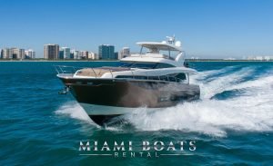 75' Prestige Yacht The Good Life - Miami Yacht Charters and Boat Rental. Luxury yacht in Miami Beach - Beautiful yacht on the water with downtown Miami view at the behind in sunny day