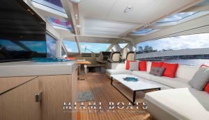 Living room of Luxury Yacht Numarine 80-ft Adonis. The wooden floor and white tincture sofa makes you feel like at home.