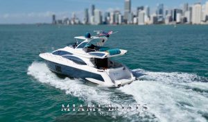 A beautiful luxury yacht Azimut 58ft cruising in Biscayne Bay in Miami, FL.