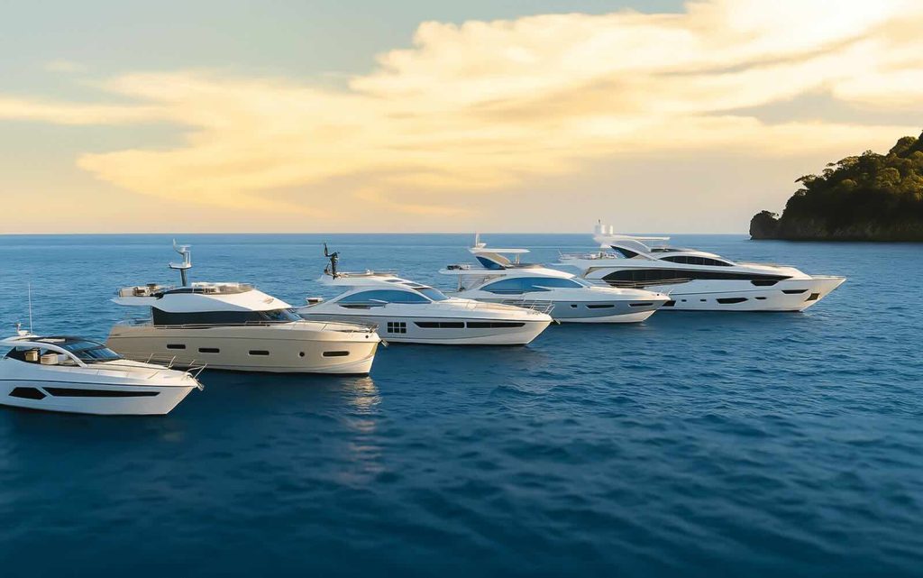 Fleet of Azimut luxury yachts moored in open water at sunset, showcasing elegant Italian design and craftsmanship against a golden sky and a distant forested island.