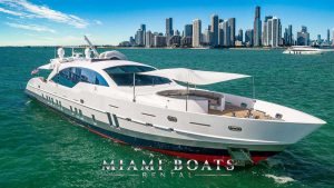 Luxury mega yacht Tecnomar 120 foot Doubleshot. The luxury yacht in the Miami and beautiful Downtown Miami on the background of the image.