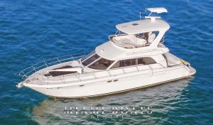 Aerial shot of the 55’ Sea Ray Sedan ‘Island Itch’ yacht at rest on deep blue waters, highlighting its curved architecture, expansive windows, and modern flybridge — a top choice for Miami yacht rentals.